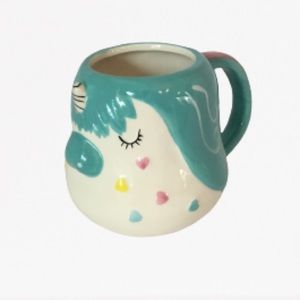 Unicorn coffee mug NWOT teal white with hearts
